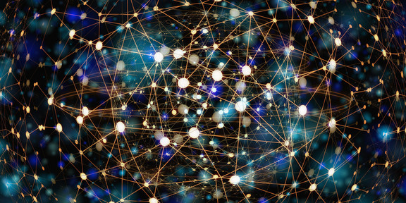 Weiße, hellblaue und dunkelblaue Punkte vor schwarzem Hintergrund, die mit goldenen Linien verbunden sind.